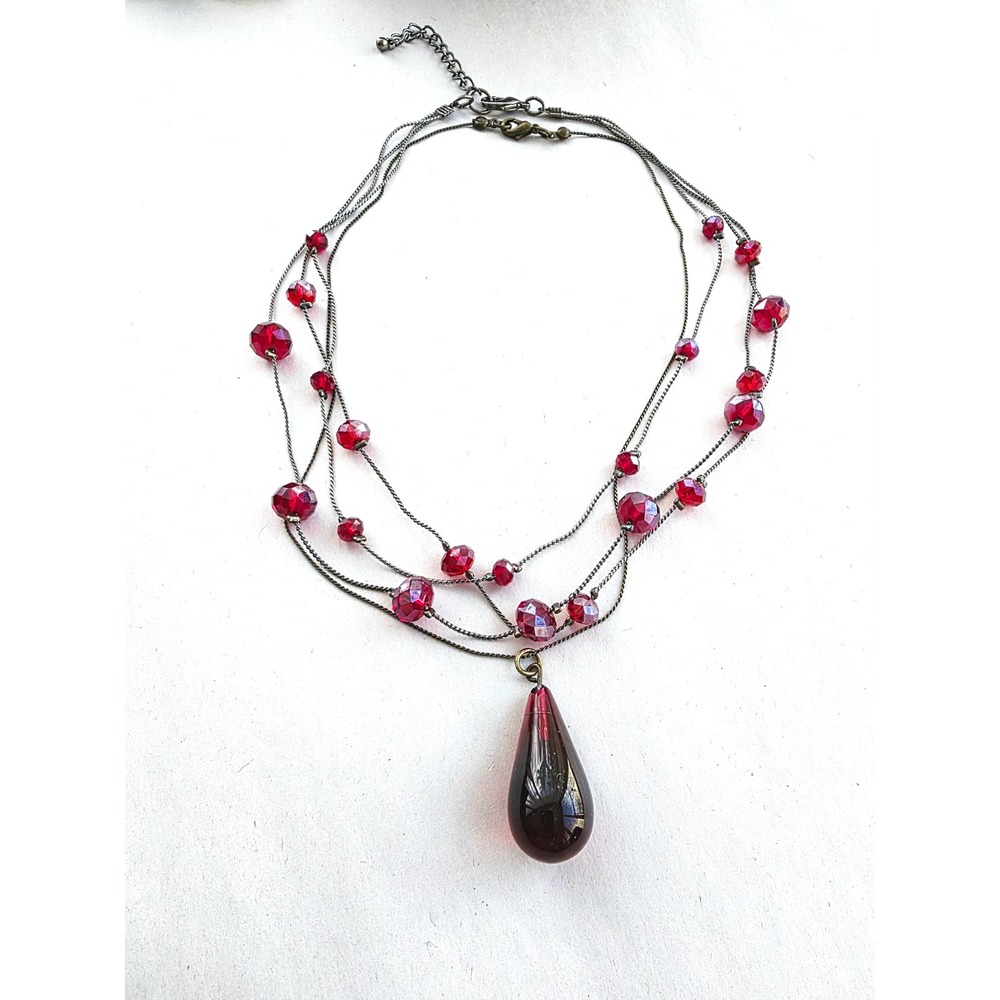 Red Beaded Multi Strand Layered Necklace Set Teardrop whimsygoth Gunmetal 2pc